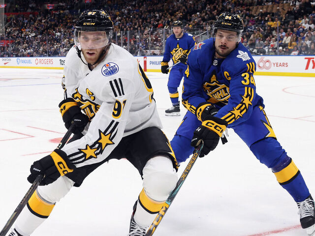 TORONTO, CANADA - FEBRUARY 03: Connor McDavid of the Edmonton Oilers skates against Auston Matthews of the Torornto Maple Leafs during the 2024 NHL All-Star Game on February 03, 2024 in Toronto, Ontario, Canada.