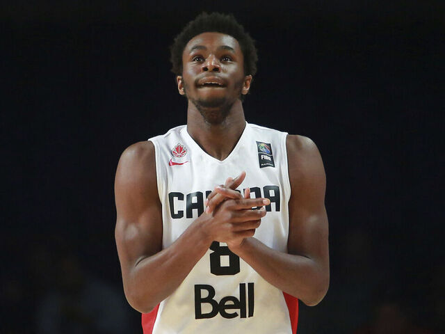 MEXICO CITY, MEXICO - SEPTEMBER 03: Andrew Wiggins of Canada celebrates during a match between Canada and Venezuela as part of the 2015 FIBA Americas Championship for Men at Palacio de los Deportes on September 03, 2015 in Mexico City, Mexico.
