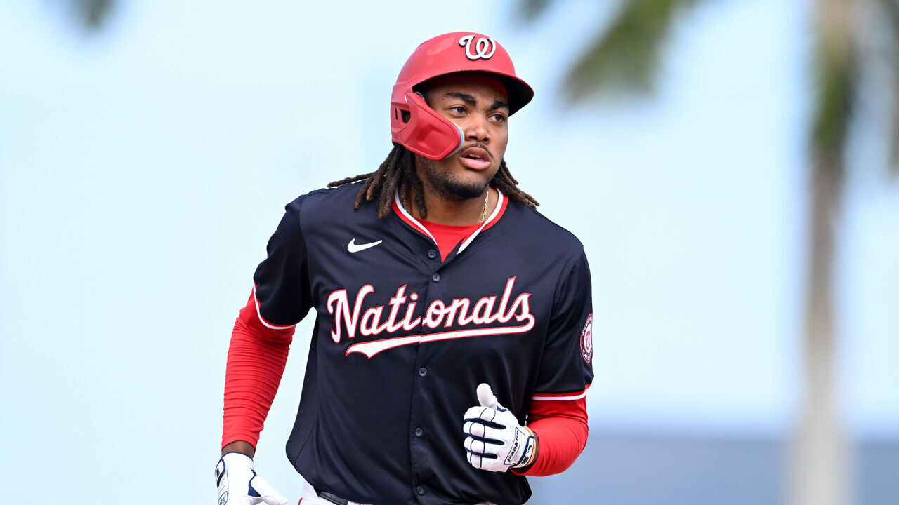 WEST PALM BEACH, FLORIDA - MARCH 21, 2024: James Wood #50 of the Washington Nationals runs the bases after hitting a solo home run during the ninth inning of a spring training game against the Minnesota Twins at CACTI Park of the Palm Beaches on March 21, 2024 in West Palm Beach, Florida.