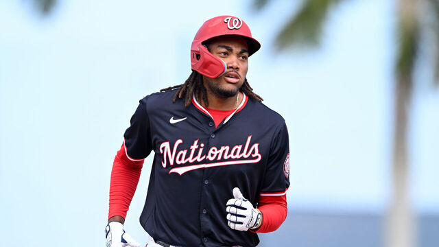WEST PALM BEACH, FLORIDA - MARCH 21, 2024: James Wood #50 of the Washington Nationals runs the bases after hitting a solo home run during the ninth inning of a spring training game against the Minnesota Twins at CACTI Park of the Palm Beaches on March 21, 2024 in West Palm Beach, Florida.