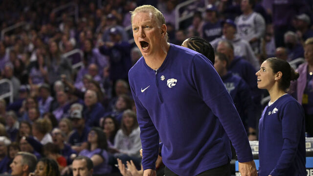 MANHATTAN, KANSAS - MARCH 24: Head coach Jeff Mittie of the Kansas State Wildcats reacts during the second round of the 2024 NCAA Women's Basketball Tournament held at Bramlage Coliseum on March 24, 2024 in Manhattan, Kansas.