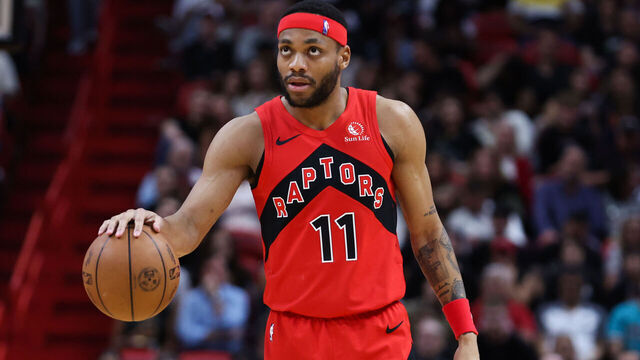 MIAMI, FLORIDA - APRIL 12: Bruce Brown #11 of the Toronto Raptors dribbles the ball against the Miami Heat during the third quarter of the game at Kaseya Center on April 12, 2024 in Miami, Florida.