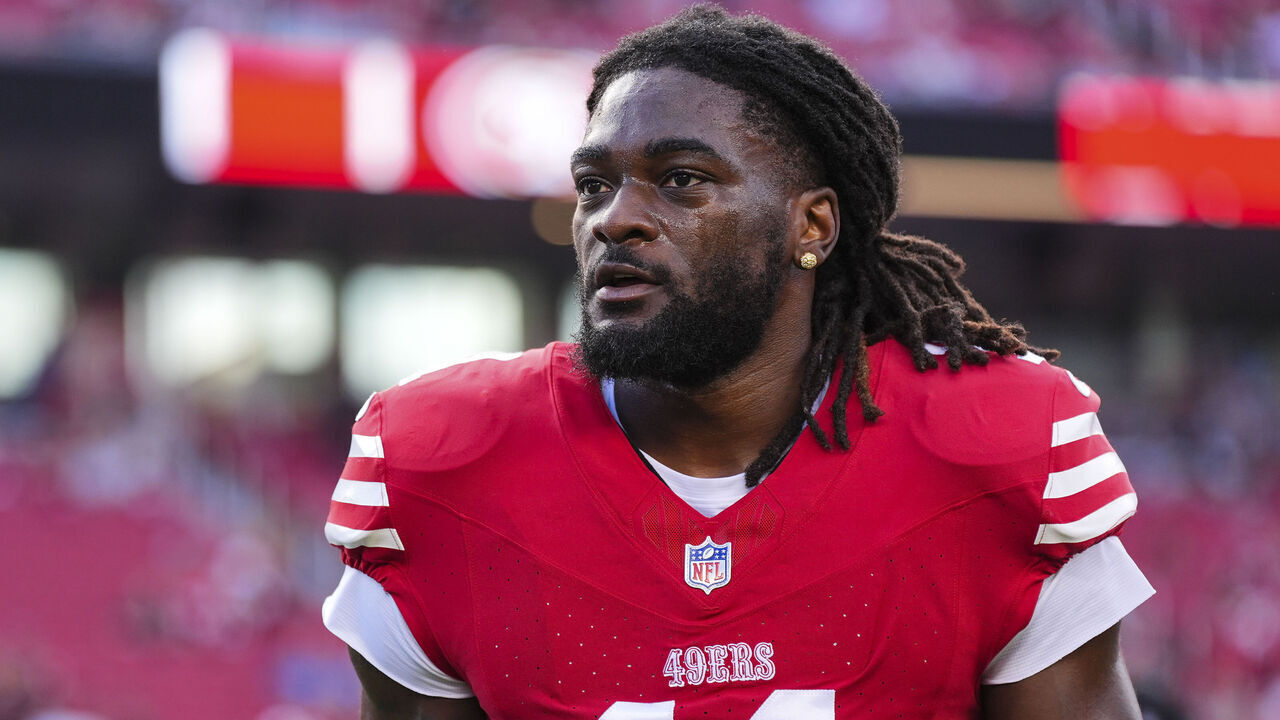 SANTA CLARA, CA - JANUARY 28: Brandon Aiyuk #11 of the San Francisco 49ers looks on from the field prior to the NFC Championship NFL football game against the Detroit Lions at Levi's Stadium on January 28, 2024 in Santa Clara, California.
