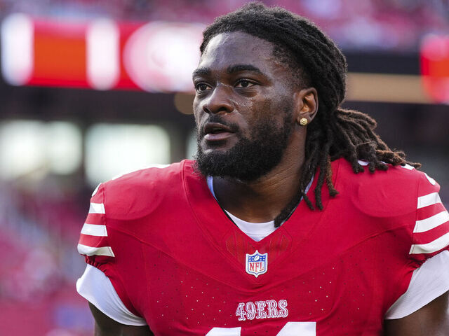 SANTA CLARA, CA - JANUARY 28: Brandon Aiyuk #11 of the San Francisco 49ers looks on from the field prior to the NFC Championship NFL football game against the Detroit Lions at Levi's Stadium on January 28, 2024 in Santa Clara, California.