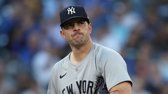 TORONTO. New York Yankees starter Carlos Rodon looks concerned on the mound after falling behind in Toronto on Thursday.(R.J.Johnston/Toronto Star) R.J. Johnston/Toronto Star (R.J. Johnston/Toronto Star via Getty Images)