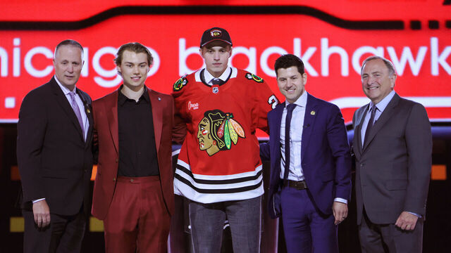 LAS VEGAS, NEVADA - JUNE 28: Artyom Levshunov is selected by the Chicago Black Hawks with the second overall pick during the first round of the 2024 Upper Deck NHL Draft at Sphere on June 28, 2024 in Las Vegas, Nevada.