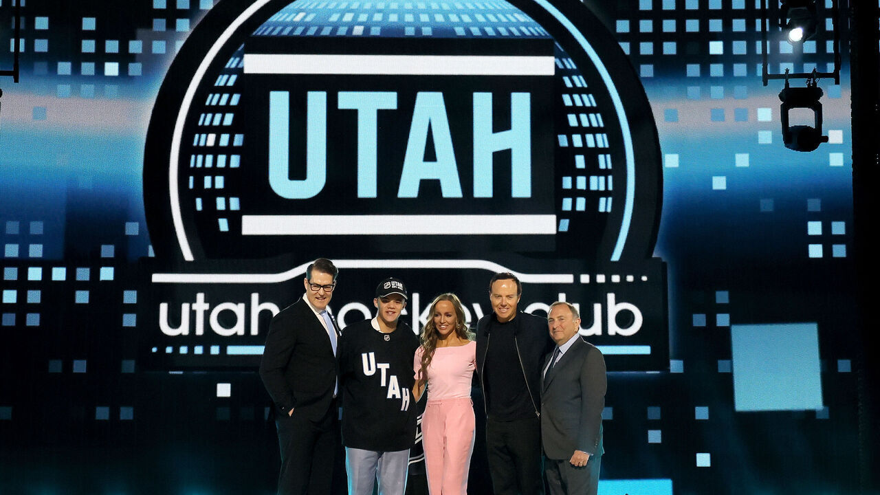 LAS VEGAS, NEVADA - JUNE 28: Tij Iginla is selected by the Utah Hockey Club with the sixth overall pick during the first round of the 2024 Upper Deck NHL Draft at Sphere on June 28, 2024 in Las Vegas, Nevada.