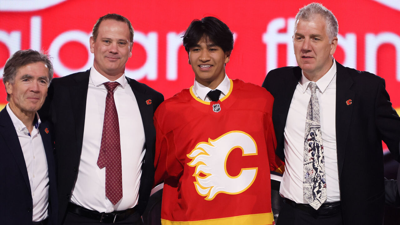 LAS VEGAS, NEVADA - JUNE 28: Zayne Parekh is selected by the Calgary Flames with the ninth overall pick during the first round of the 2024 Upper Deck NHL Draft at Sphere on June 28, 2024 in Las Vegas, Nevada.