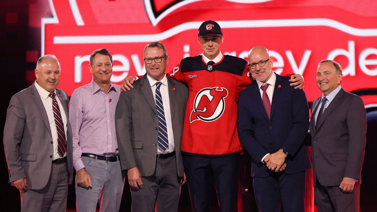 LAS VEGAS, NEVADA - JUNE 28: Anton Silayev is selected by the New Jersey Devils with the tenth overall pick during the first round of the 2024 Upper Deck NHL Draft at Sphere on June 28, 2024 in Las Vegas, Nevada.