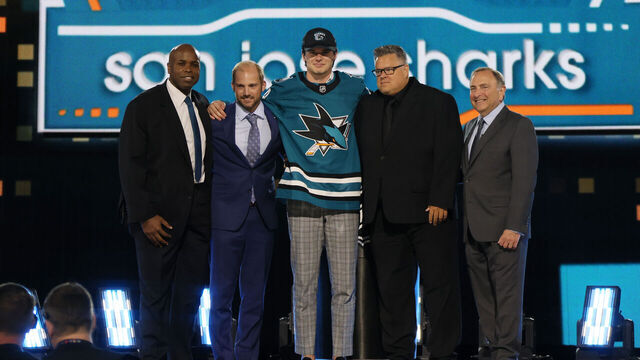 LAS VEGAS, NEVADA - JUNE 28: Sam Dickinson is selected by the San Jose Sharks with the 11th overall pick during the first round of the 2024 Upper Deck NHL Draft at Sphere on June 28, 2024 in Las Vegas, Nevada.