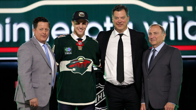 LAS VEGAS, NEVADA - JUNE 28: Zeev Buium is selected by the Minnesota Wild with the 12th overall pick during the first round of the 2024 Upper Deck NHL Draft at Sphere on June 28, 2024 in Las Vegas, Nevada.