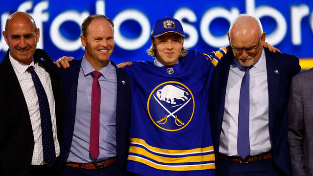 PARADISE, NV - JUNE 28: Konsta Helenius is drafted by the Buffalo Sabres in the first round during the Upper Deck NHL Draft on June 28, 2024 at the Sphere in Las Vegas, Nevada.