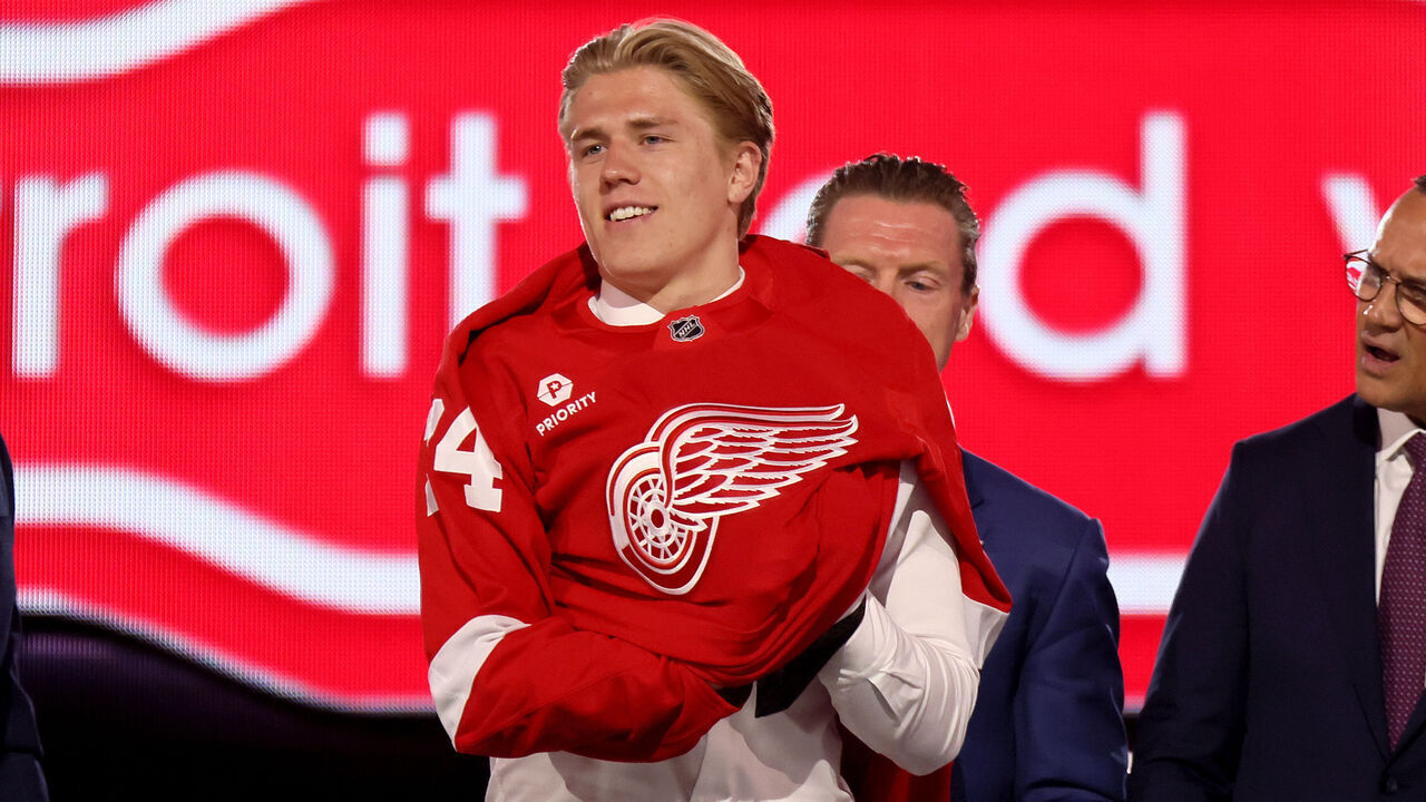 LAS VEGAS, NEVADA - JUNE 28: Michael Brandsegg-Nygard is selected by the Detroit Red Wings with the 15th overall pick during the first round of the 2024 Upper Deck NHL Draft at Sphere on June 28, 2024 in Las Vegas, Nevada.