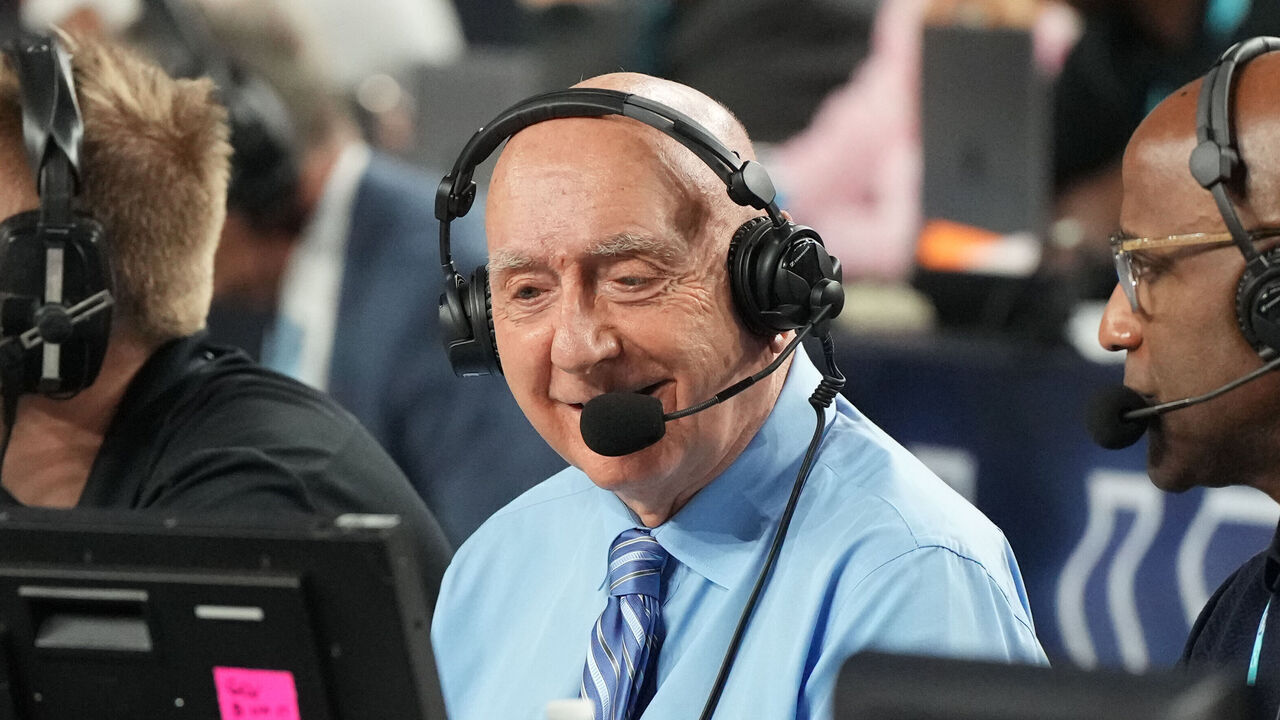 HOUSTON, TEXAS - APRIL 03: College basketball announcer Dick Vitale on air during the NCAA Men's Basketball Tournament Final Four championship game between the Connecticut Huskies and the San Diego State Aztecs at NRG Stadium on April 03, 2023 in Houston, Texas.