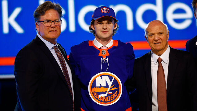 PARADISE, NV - JUNE 28: Cole Eiserman is drafted by the New York Islanders in the first round during the Upper Deck NHL Draft on June 28, 2024 at the Sphere in Las Vegas, Nevada.