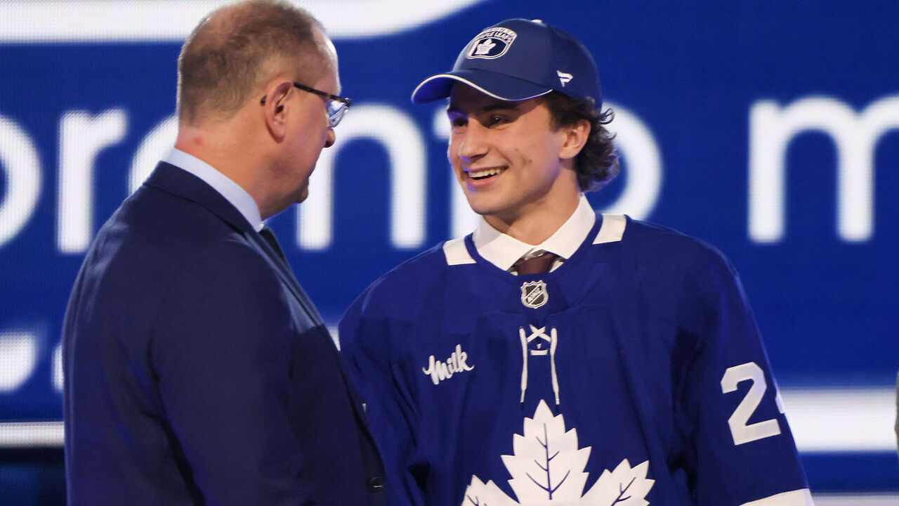 LAS VEGAS, NEVADA - JUNE 28: Ben Danford is selected by the Toronto Maple Leafs with the 31st overall pick during the first round of the 2024 Upper Deck NHL Draft at Sphere on June 28, 2024 in Las Vegas, Nevada.