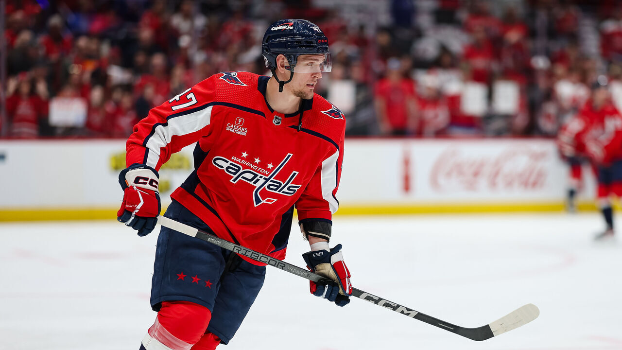 WASHINGTON, DC - APRIL 28: Beck Malenstyn #47 of the Washington Capitals skates before Game Four of the First Round of the 2024 Stanley Cup Playoffs against the New York Rangers at Capital One Arena on April 28, 2024 in Washington, DC.