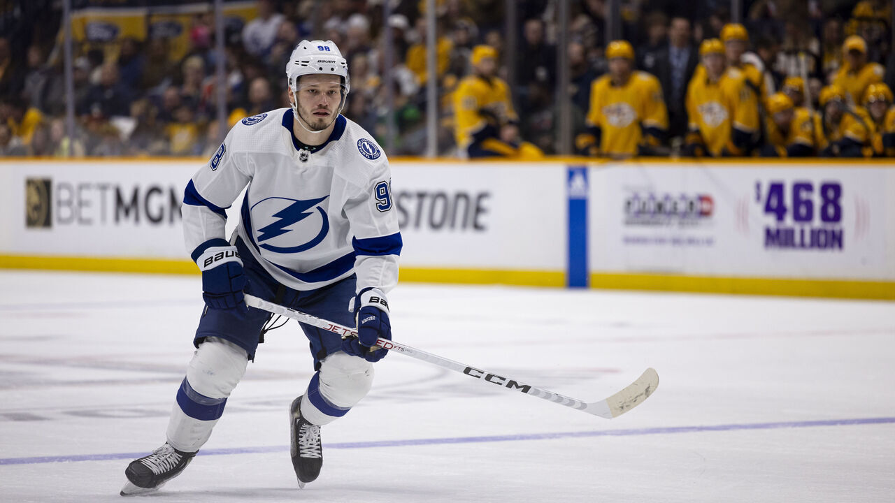 NASHVILLE, TENNESSEE - DECEMBER 7: Mikhail Sergachev #98 of the Tampa Bay Lightning skates against the Nashville Predators during the second period at Bridgestone Arena on December 7, 2023 in Nashville, Tennessee.
