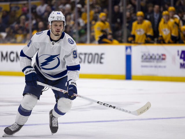 NASHVILLE, TENNESSEE - DECEMBER 7: Mikhail Sergachev #98 of the Tampa Bay Lightning skates against the Nashville Predators during the second period at Bridgestone Arena on December 7, 2023 in Nashville, Tennessee.