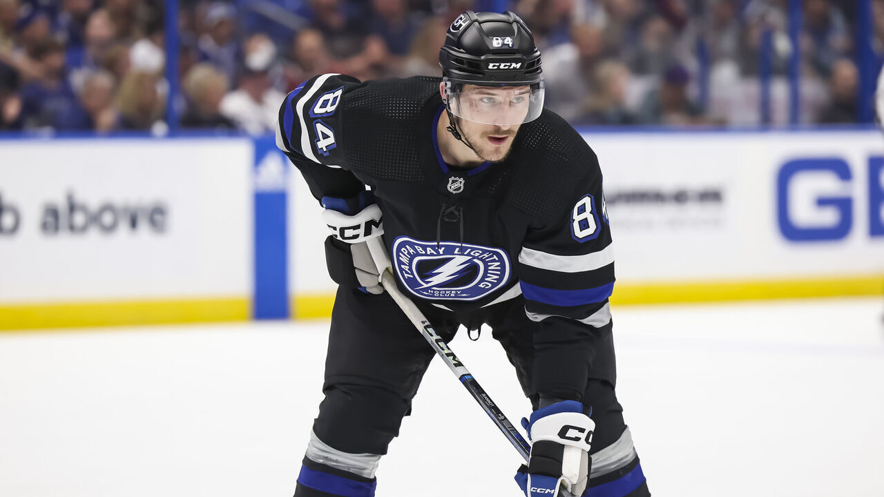 TAMPA, FL - APRIL 17: Tanner Jeannot #84 of the Tampa Bay Lightning against the Toronto Maple Leafs during the first period at Amalie Arena on April 17, 2024 in Tampa, Florida.