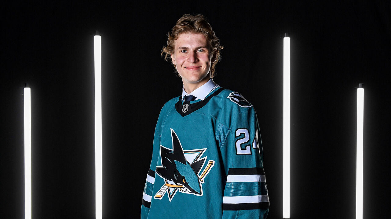 LAS VEGAS, NEVADA - JUNE 29: Igor Chernyshov poses for a portrait after being drafted by the with the 33rd overall pick in the 2024 Upper Deck NHL Draft at Sphere on June 29, 2024 in Las Vegas, Nevada.