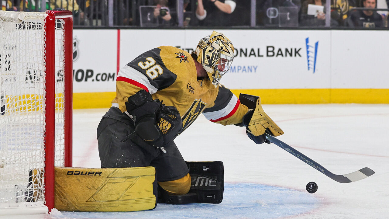 LAS VEGAS, NEVADA - APRIL 27: Logan Thompson #36 of the Vegas Golden Knights defends the net against the Dallas Stars in the first period of Game Three of the First Round of the 2024 Stanley Cup Playoffs at T-Mobile Arena on April 27, 2024 in Las Vegas, Nevada. The Stars defeated the Golden Knights 3-2 in overtime.