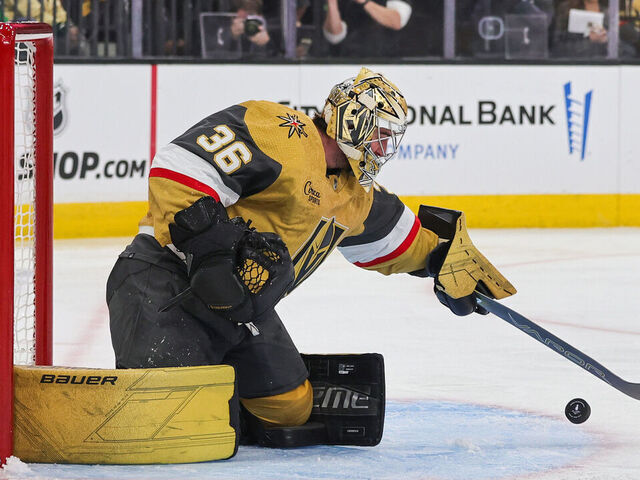 LAS VEGAS, NEVADA - APRIL 27: Logan Thompson #36 of the Vegas Golden Knights defends the net against the Dallas Stars in the first period of Game Three of the First Round of the 2024 Stanley Cup Playoffs at T-Mobile Arena on April 27, 2024 in Las Vegas, Nevada. The Stars defeated the Golden Knights 3-2 in overtime.