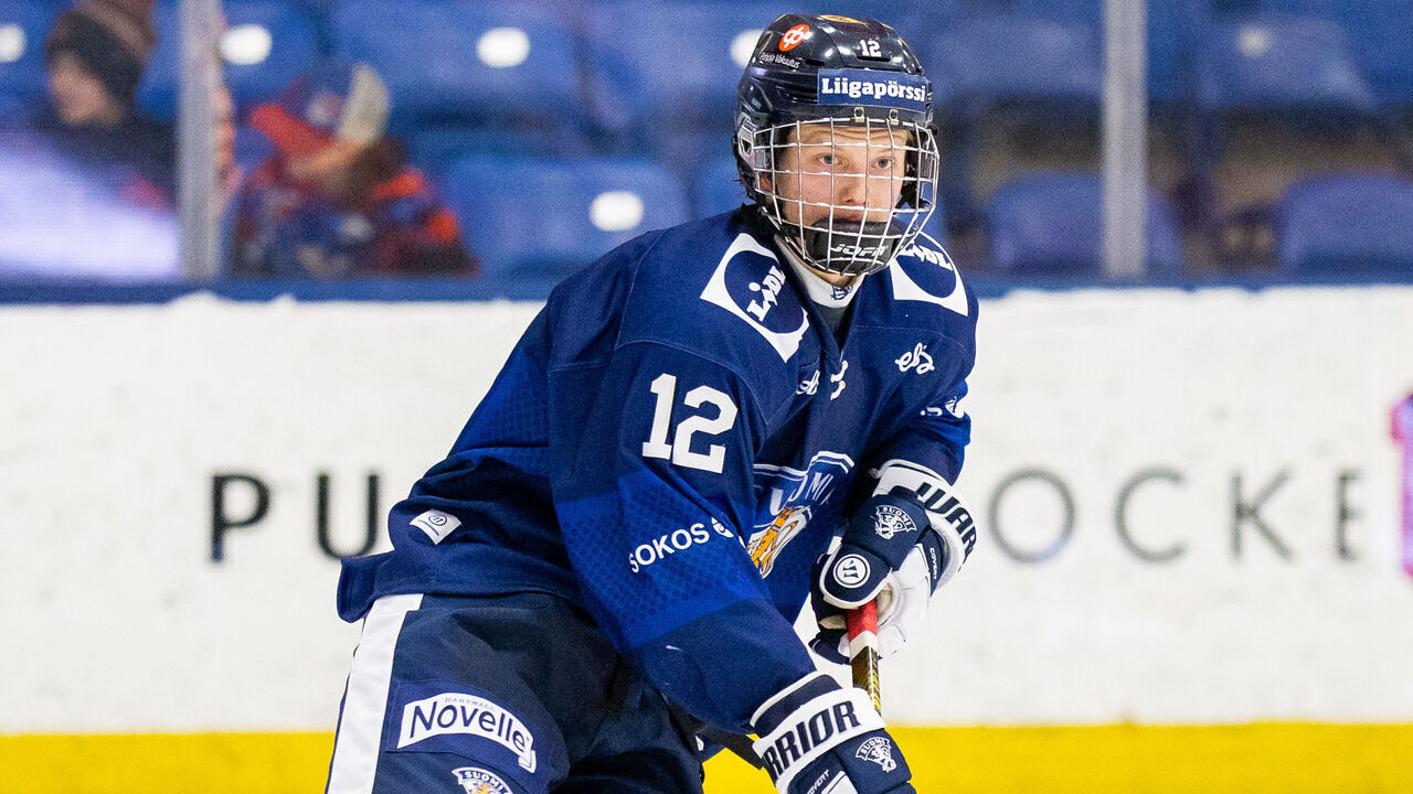 PLYMOUTH, MI - FEBRUARY 7: Aatos Koivu #12 of Team Finland skates with the puck during U18 Five Nations Tournament between Team Finland and Team USA at USA Hockey Arena on February 7, 2024 in Plymouth, Michigan.
