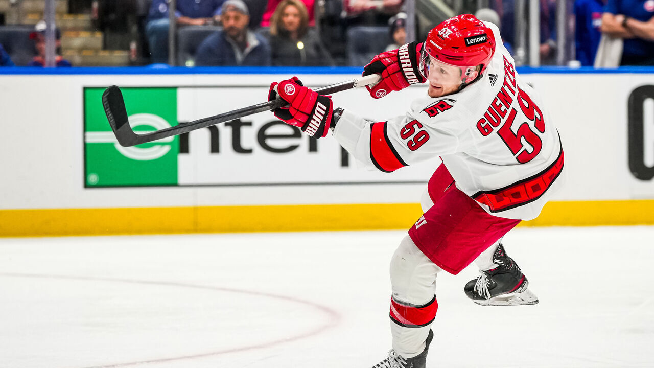 ELMONT, NEW YORK - APRIL 27: Jake Guentzel #59 of the Carolina Hurricanes shoots the puck during the first period in Game Four of the First Round of the 2024 Stanley Cup Playoffs at UBS Arena on April 27, 2024 in Elmont, New York.