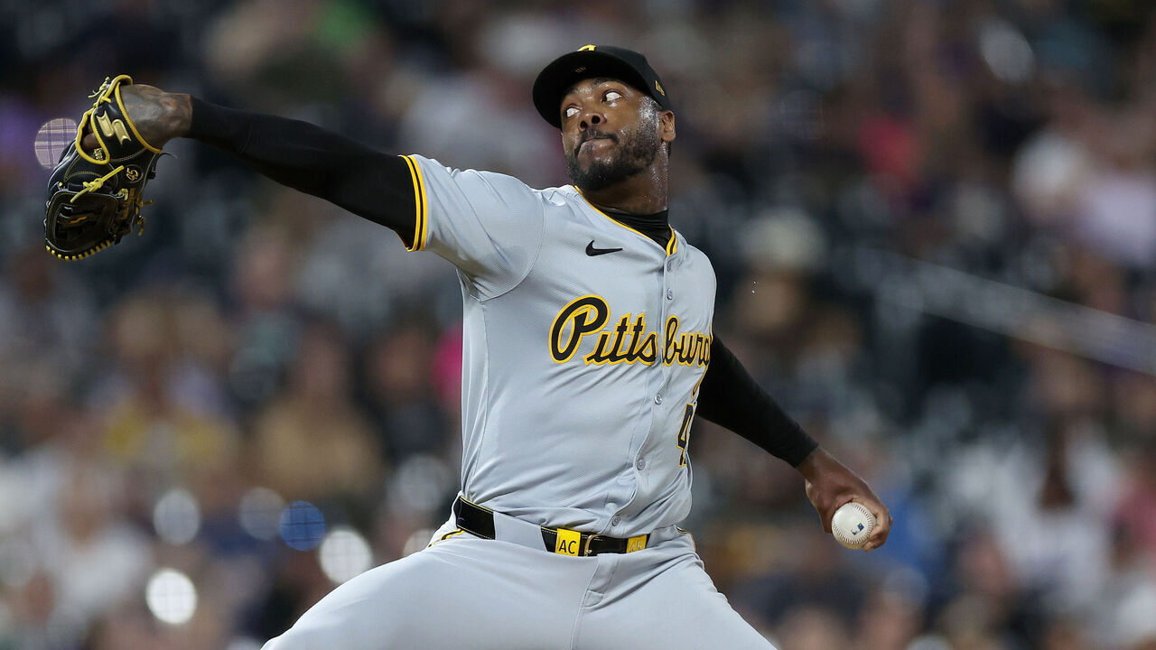 DENVER, COLORADO - JUNE 14: Pitcher Aroldis Chapman #45 of the Pittsburgh Pirates throws against the Colorado Rockies in the eighth inning at Coors Field on June 14, 2024 in Denver, Colorado.
