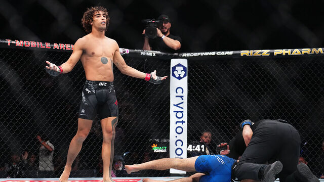 LAS VEGAS, NEVADA - JUNE 29: Payton Talbott reacts after knocking down Yanis Ghemmouri of France in a bantamweight fight during the UFC 303 event at T-Mobile Arena on June 29, 2024 in Las Vegas, Nevada.