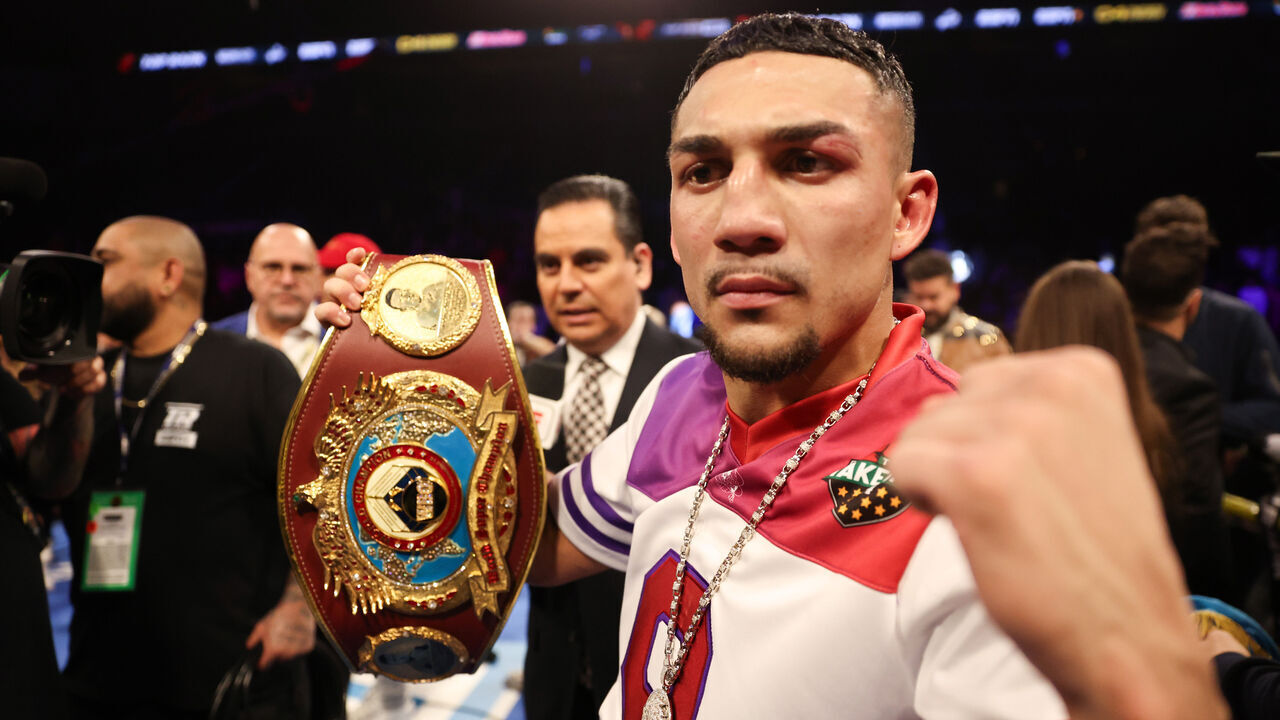 LAS VEGAS, NEVADA - FEBRUARY 08: Teofimo Lopez celebrates defeating Jamaine Ortiz to retain the WBO junior welterweight title at Michelob ULTRA Arena on February 08, 2024 in Las Vegas, Nevada.