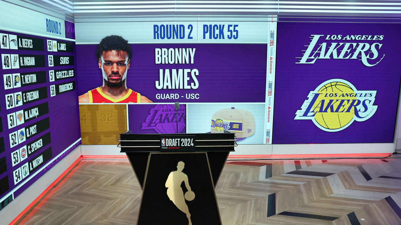 BROOKLYN, NY - JUNE 27: Bronny James gets drafted by the Los Angeles Lakers during the 2024 NBA Draft - Round Two on June 27, 2024 at Barclays Center in Brooklyn, New York. Mandatory Copyright Notice: Copyright 2024 NBAE