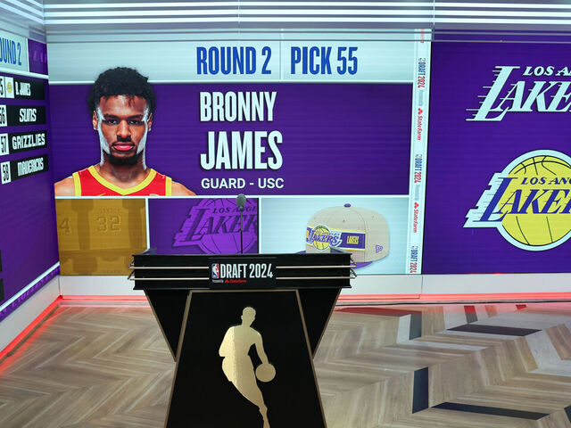 BROOKLYN, NY - JUNE 27: Bronny James gets drafted by the Los Angeles Lakers during the 2024 NBA Draft - Round Two on June 27, 2024 at Barclays Center in Brooklyn, New York. Mandatory Copyright Notice: Copyright 2024 NBAE