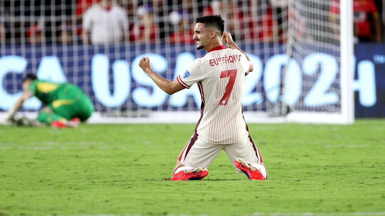 Canada's midfielder #07 Stephen Eustaquio celebrates the team's progression to the quarter finals after the Conmebol 2024 Copa America tournament group A football match between Canada and Chile at Inter&Co Stadium in Orlando, Florida on June 29, 2024.