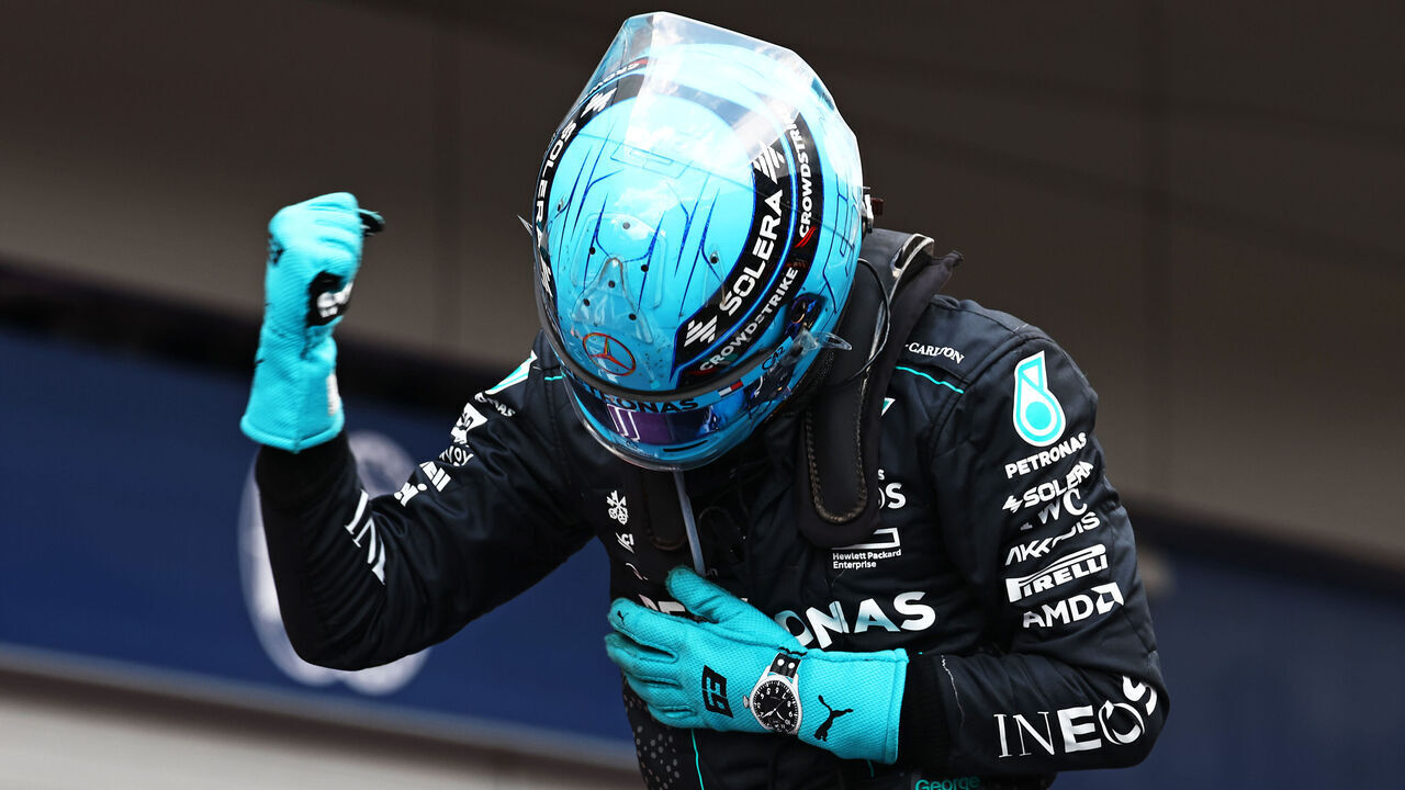 SPIELBERG, AUSTRIA - JUNE 30: Race winner George Russell of Great Britain and Mercedes celebrates in parc ferme during the F1 Grand Prix of Austria at Red Bull Ring on June 30, 2024 in Spielberg, Austria.