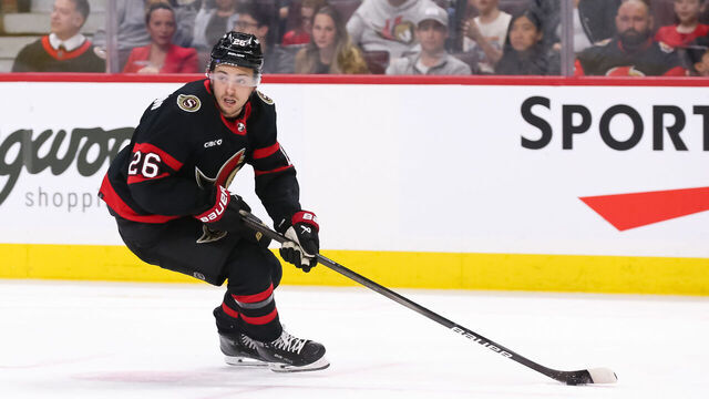 OTTAWA, ONTARIO - MARCH 28: Erik Brannstrom #26 of the Ottawa Senators skates against the Chicago Blackhawks at Canadian Tire Centre on March 28, 2024 in Ottawa, Ontario.