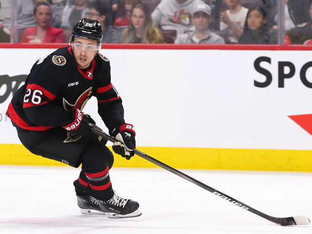 OTTAWA, ONTARIO - MARCH 28: Erik Brannstrom #26 of the Ottawa Senators skates against the Chicago Blackhawks at Canadian Tire Centre on March 28, 2024 in Ottawa, Ontario.