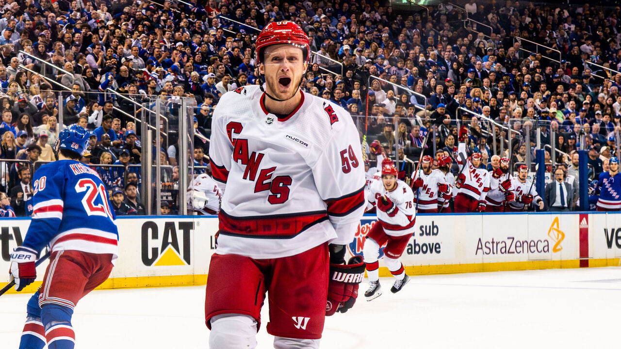 NEW YORK, NEW YORK - MAY 07: Jake Guentzel #59 of the Carolina Hurricanes celebrates after a goal during the second period against the New York Rangers in Game Two of the Second Round of the 2024 Stanley Cup Playoffs at Madison Square Garden on May 07, 2024 in New York City.