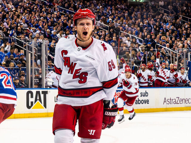 NEW YORK, NEW YORK - MAY 07: Jake Guentzel #59 of the Carolina Hurricanes celebrates after a goal during the second period against the New York Rangers in Game Two of the Second Round of the 2024 Stanley Cup Playoffs at Madison Square Garden on May 07, 2024 in New York City.