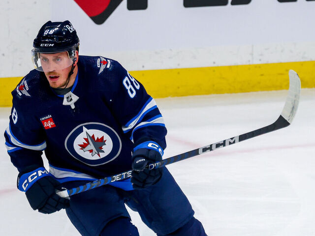 WINNIPEG, CANADA - MARCH 15: Nate Schmidt #88 of the Winnipeg Jets skates during first period action against the Anaheim Ducks at Canada Life Centre on March 15, 2024 in Winnipeg, Manitoba, Canada.