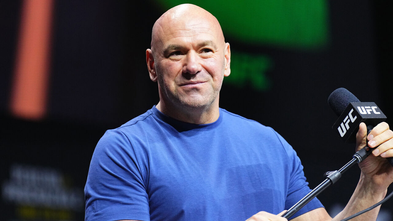 LAS VEGAS, NEVADA - JUNE 27: UFC CEO Dana White is seen on stage during the UFC 303 press conference at T-Mobile Arena on June 27, 2024 in Las Vegas, Nevada.