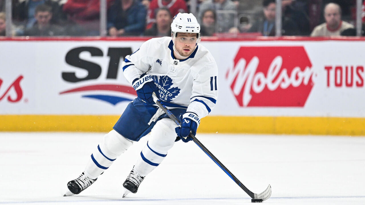 MONTREAL, CANADA - APRIL 06: Max Domi #11 of the Toronto Maple Leafs skates the puck during the third period against the Montreal Canadiens at the Bell Centre on April 6, 2024 in Montreal, Quebec, Canada. The Toronto Maple Leafs defeated the Montreal Canadiens 4-2.