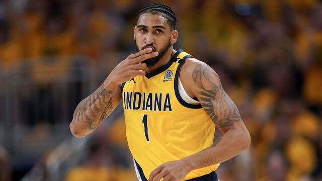 INDIANAPOLIS, INDIANA - MAY 17: Obi Toppin #1 of the Indiana Pacers celebrates after a three point basket during the first quarter against the New York Knicks in Game Six of the Eastern Conference Second Round Playoffs at Gainbridge Fieldhouse on May 17, 2024 in Indianapolis, Indiana.