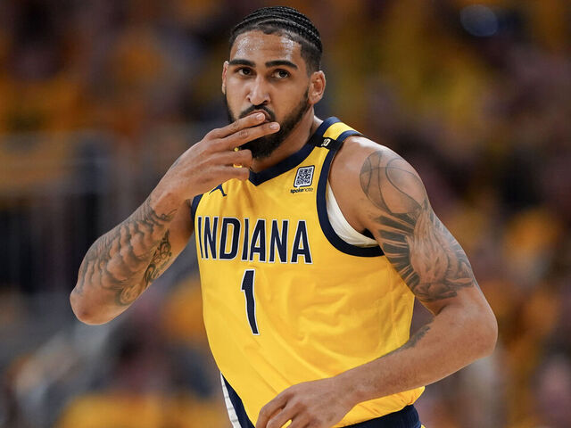 INDIANAPOLIS, INDIANA - MAY 17: Obi Toppin #1 of the Indiana Pacers celebrates after a three point basket during the first quarter against the New York Knicks in Game Six of the Eastern Conference Second Round Playoffs at Gainbridge Fieldhouse on May 17, 2024 in Indianapolis, Indiana.
