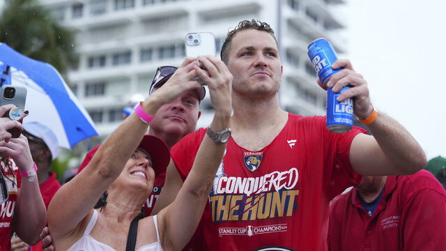 FORT LAUDERDALE, FLORIDA - JUNE 30: Matthew Tkachuk #19 of the Florida Panthers looks on during a celebration for the Florida Panthers win of the Stanley Cup on June 30, 2024 in Fort Lauderdale, Florida.