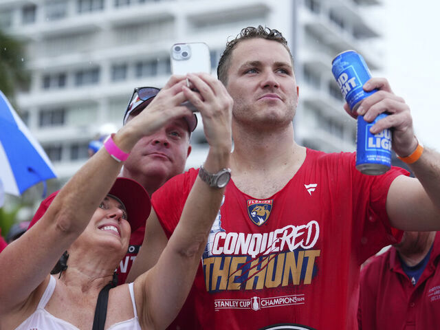 FORT LAUDERDALE, FLORIDA - JUNE 30: Matthew Tkachuk #19 of the Florida Panthers looks on during a celebration for the Florida Panthers win of the Stanley Cup on June 30, 2024 in Fort Lauderdale, Florida.