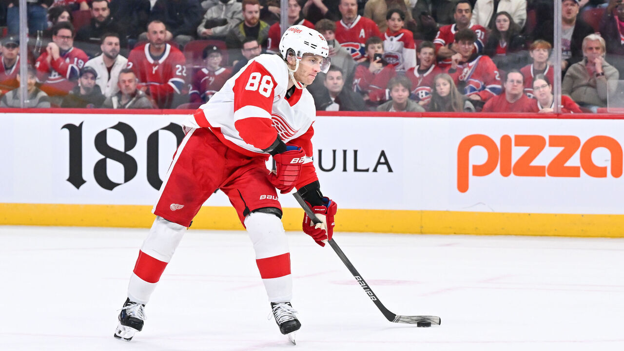 MONTREAL, CANADA - APRIL 16: Patrick Kane #88 of the Detroit Red Wings makes his approach with the puck during the shootout against the Montreal Canadiens at the Bell Centre on April 16, 2024 in Montreal, Quebec, Canada. The Detroit Red Wings defeated the Montreal Canadiens 5-4 in a shootout.