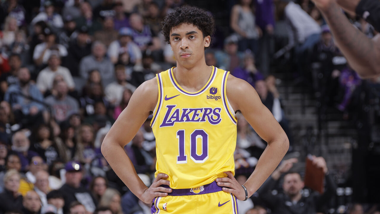 SACRAMENTO, CA - MARCH 13: Max Christie #10 of the Los Angeles Lakers looks on during the game against the Sacramento Kings on March 13, 2024 at Golden 1 Center in Sacramento, California. NOTE TO USER: User expressly acknowledges and agrees that, by downloading and or using this photograph, User is consenting to the terms and conditions of the Getty Images Agreement. Mandatory Copyright Notice: Copyright 2024 NBAE
