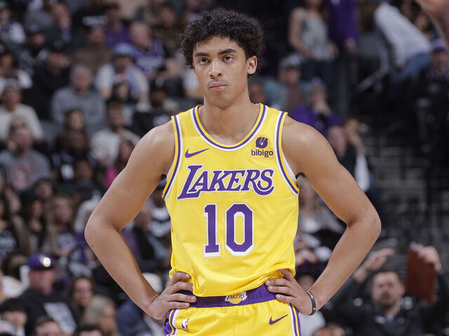 SACRAMENTO, CA - MARCH 13: Max Christie #10 of the Los Angeles Lakers looks on during the game against the Sacramento Kings on March 13, 2024 at Golden 1 Center in Sacramento, California. NOTE TO USER: User expressly acknowledges and agrees that, by downloading and or using this photograph, User is consenting to the terms and conditions of the Getty Images Agreement. Mandatory Copyright Notice: Copyright 2024 NBAE